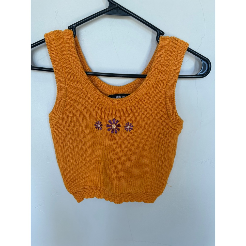 Daisy Street Orange Knit Crop Tank Top Purple Floral Embroidered Womens Small